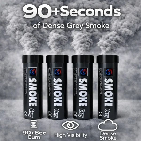 Black_Grey-Smoke-Flare-4-Pack-Information.webp Grey Smoke Flare 90 Seconds – Wire Pull Dark Effect Smoke Bomb