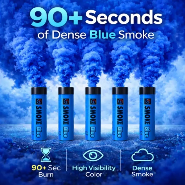 Blue-Smoke-Flare-5-Pack-Information.webp Blue Smoke Flare 90 Seconds – Wire Pull Colour Smoke Bomb